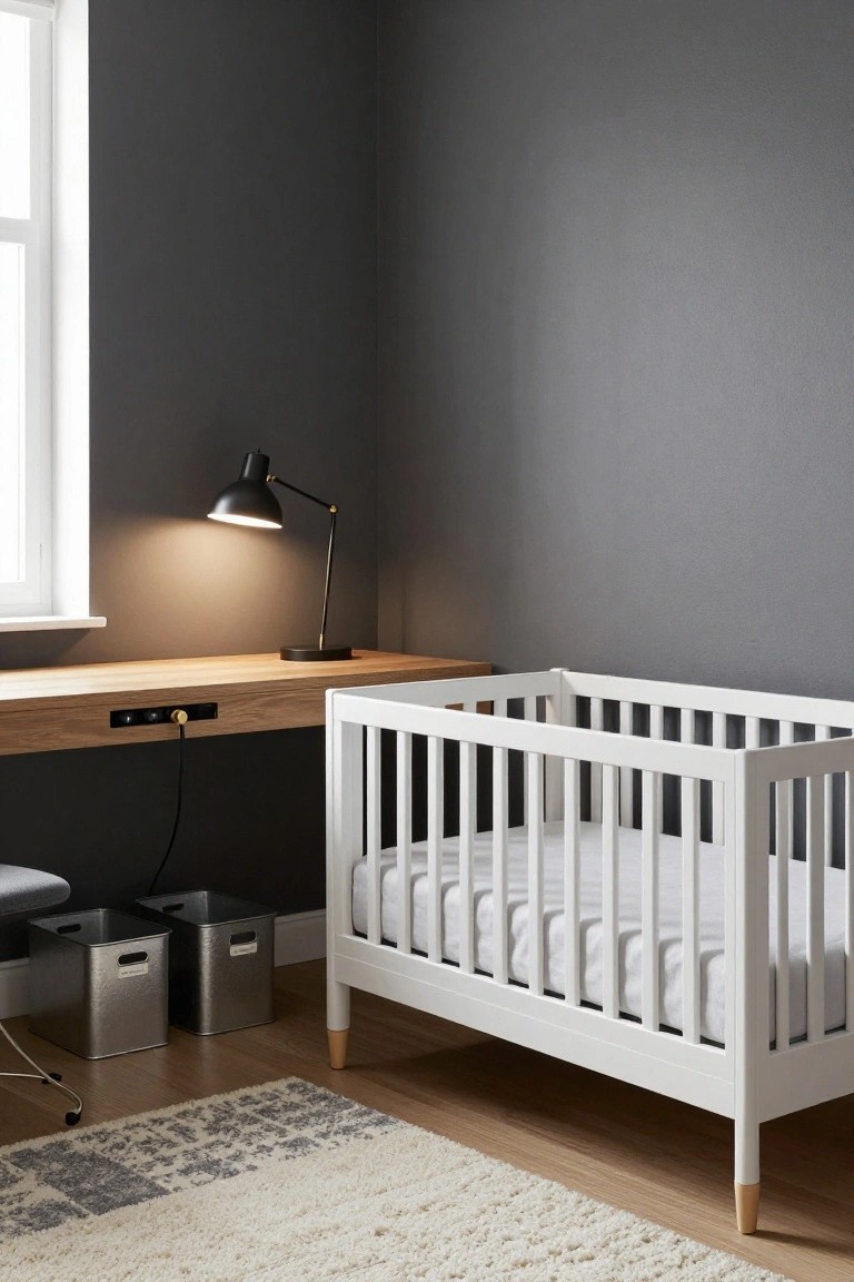 Corner interior with wooden desk adjacent to white wooden crib, black adjustable lamp on desk, gray walls, metal storage bins, office chair, and patterned rug on hardwood floor.