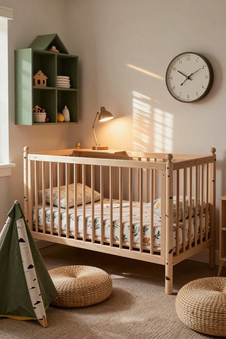 Light wood crib with botanical print bedding in a nursery room next to a wooden desk and angled lamp, with a green shelving unit stocked with toys, a green and white fabric teepee, and two seagrass poufs on a light-colored rug.