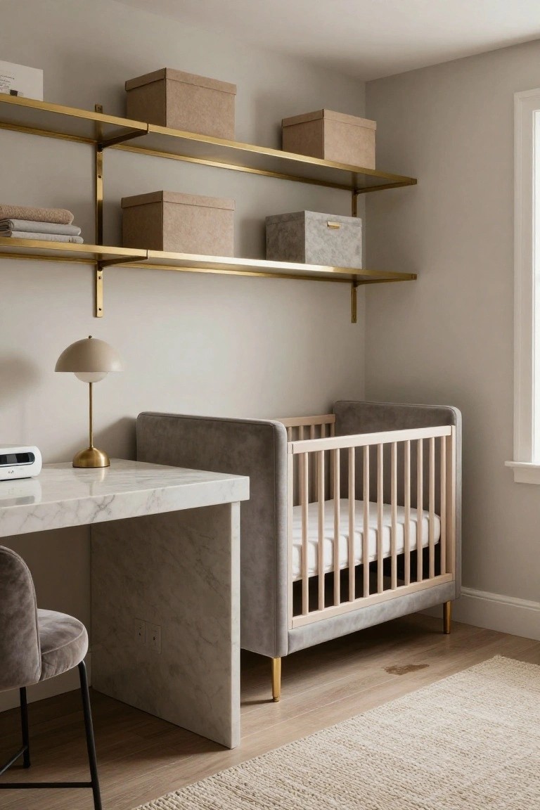 A beige nursery room with a gray upholstered crib next to a white marble desk and gray velvet chair, gold wall shelves holding beige boxes and linens, a beige lamp on the desk, and light wood floors with a beige rug.