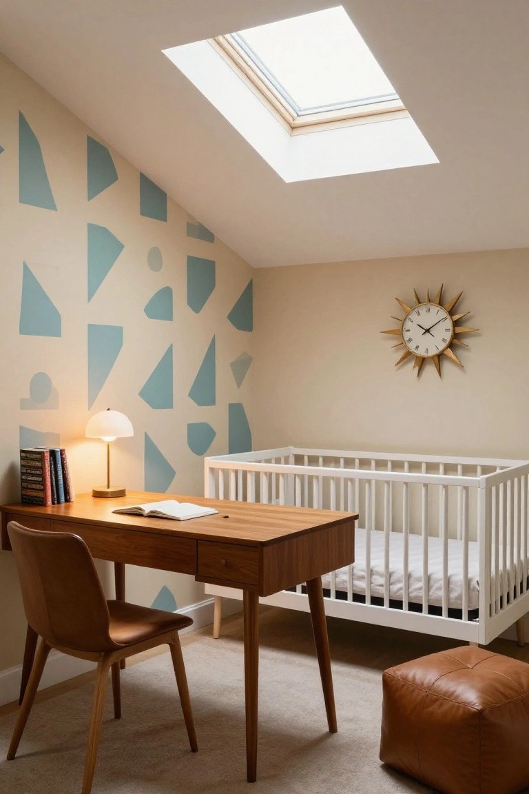 Attic nursery office with white crib next to wooden desk and chair, blue geometric wall patterns, desk lamp, books, gold sunburst clock, leather pouf, and skylight overhead on beige carpet.