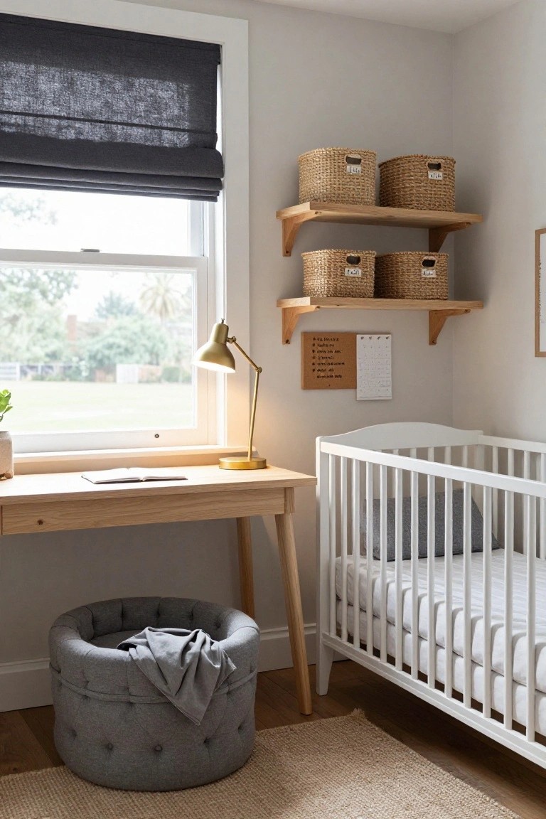 A nursery room with a wooden desk positioned next to a white crib, wooden floating shelves holding four wicker baskets above the desk, a gold adjustable lamp on the desk, and a window with dark roman shade.