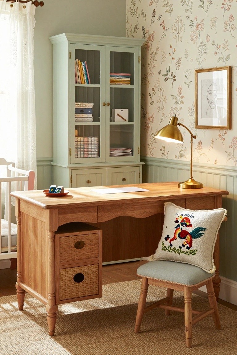 Wooden desk with wicker drawers and brass lamp next to a white crib, mint green bookcase with books and toys, embroidered pillows, and floral wallpaper in a nursery room.
