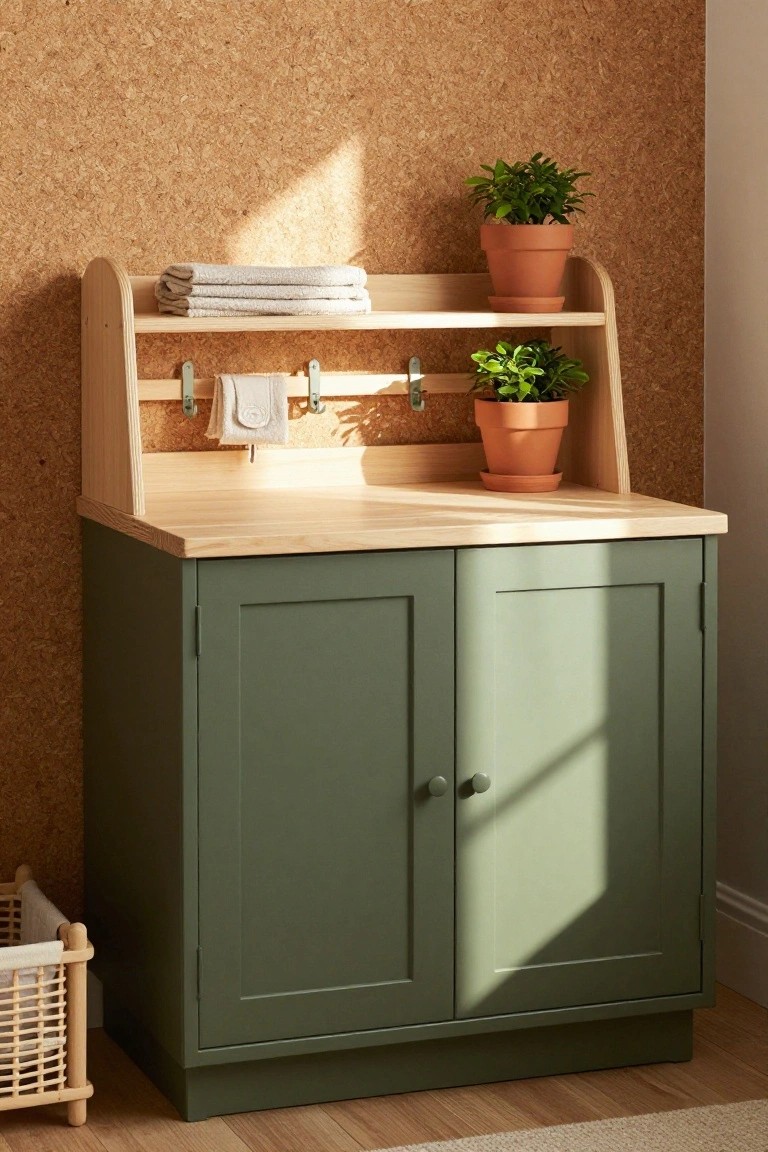 Sage green wooden cabinet with blonde wood countertop and open shelves above holding folded white towels, hanging towels on hooks, and potted plants, positioned against a corkboard wall with a woven basket nearby.