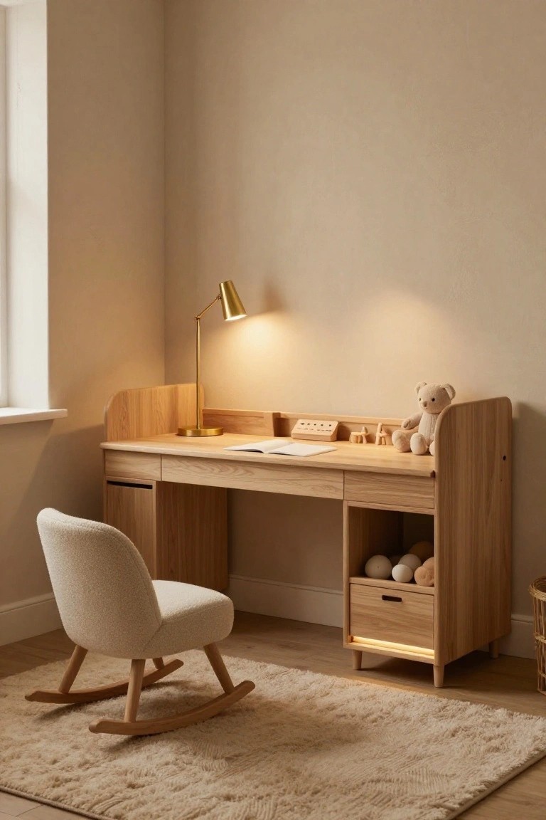 Light oak desk in room corner with hutch, drawers, open shelves holding stuffed toys and balls, gold adjustable lamp, cream bouclé chair, wooden rocking chair, and cream rug in beige-walled room.