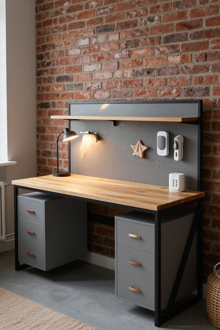 Gray metal desk with light wood top and matching pedestal drawers against exposed brick wall, topped by gray hutch with pegboard holding adjustable lamp, star decoration, hand sanitizer dispenser, tissue holder, and white device.