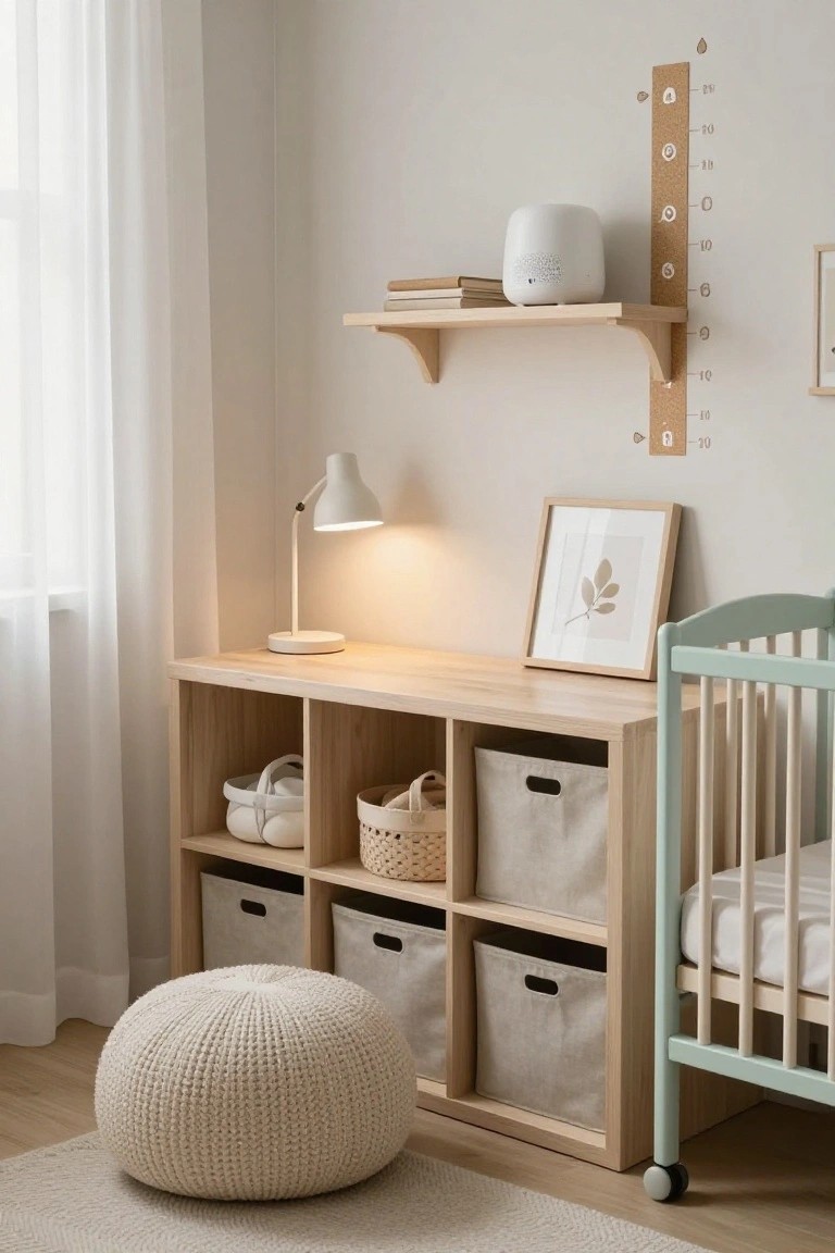 Light-filled nursery room with wooden desk and lamp, adjacent open cubby storage unit holding baskets and fabric bins, mint green crib with mattress, height chart on wall, and cream pouf on wood floor.
