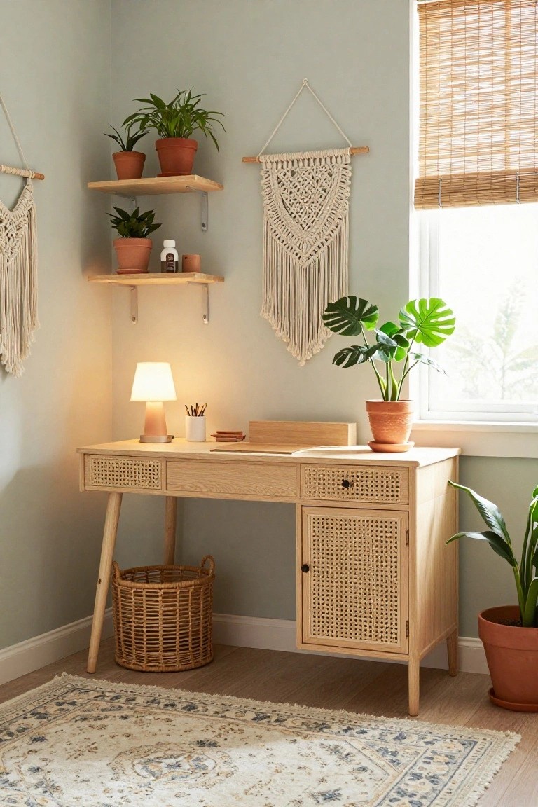 Corner of a room with a light wood desk featuring rattan-front drawers and cabinet, a table lamp, potted plants, macrame wall hangings, floating shelves, and bamboo window shades on pale green walls.