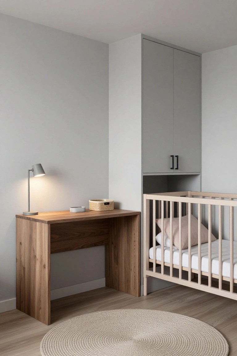 Light gray nursery room with brown wooden desk and lamp next to white wooden crib with pink pillow and sheet, gray wardrobe cabinets above, woven baskets on desk, and light wood floor with round beige rug.