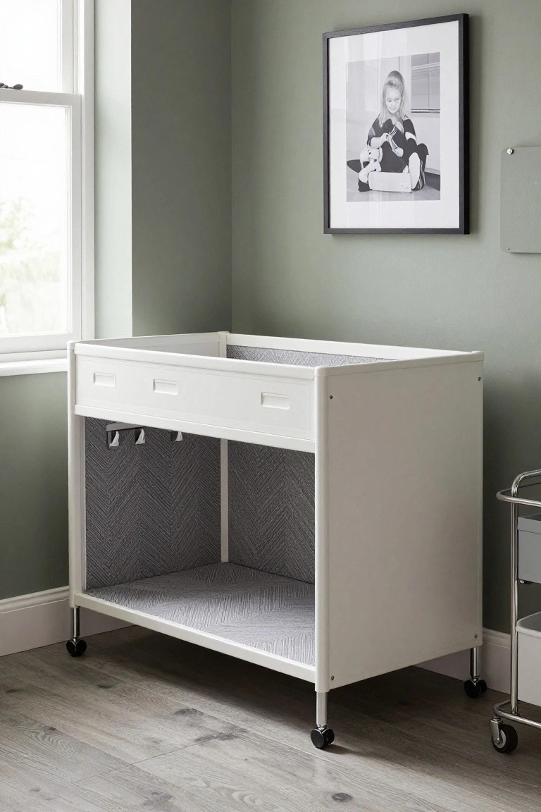 White metal-framed changing table dresser on casters with drawers, gray zigzag-patterned lining, and hooks stands in a pale green corner room beside a chrome trolley under a window with a framed black-and-white photo of a child nearby.