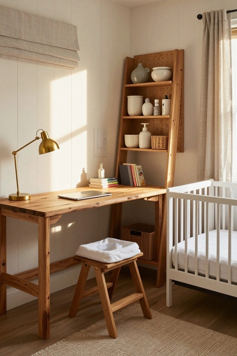 A sunlit nursery room featuring a wooden desk with laptop and books next to a white crib, a slanted wooden ladder shelf with ceramics, a gold desk lamp, and a woven basket under the desk.