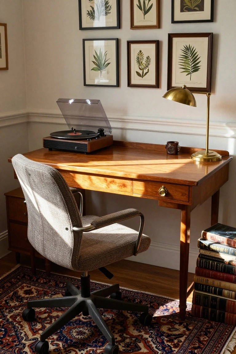Home office corner with wooden desk topped by record player and mug, gray fabric chair, gold desk lamp, stack of books, and walls covered in framed black-and-white botanical prints of plants and leaves.