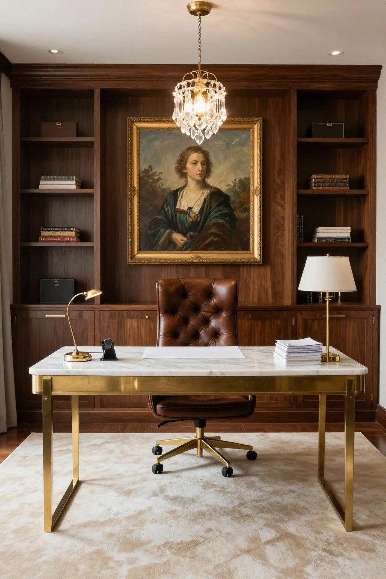 Home office with dark wood paneled walls and built-in cabinetry, white marble-top desk on brass legs, tufted brown leather desk chair, large gilded portrait painting, brass chandelier, and desk lamps.