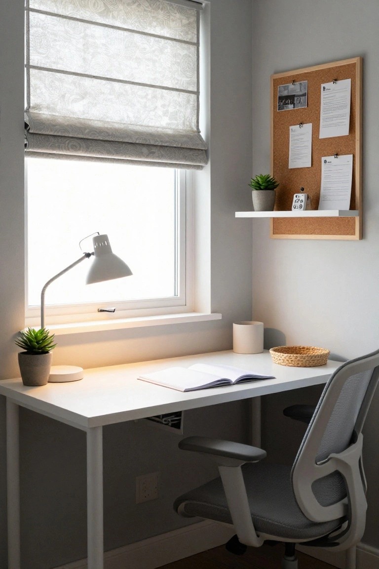 Modern home office desk with open book, lamp, and corkboard beside a window.