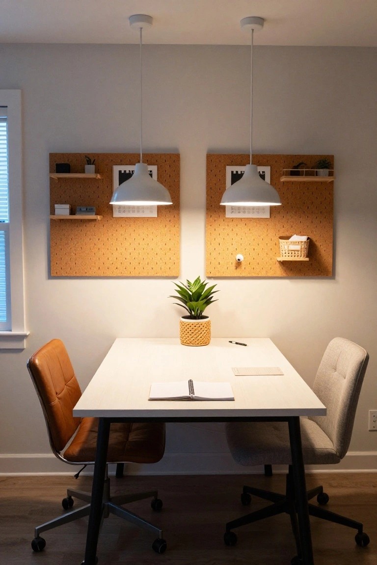 Home office featuring two corkboard walls with shelves, calendar, plants, and supplies above a white table with orange leather chair, gray fabric chair, snake plant in basket, and two white pendant lights.