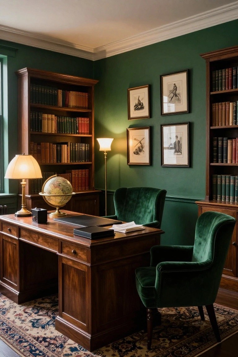 A home office featuring dark green walls, tall wooden bookshelves filled with books, a wooden desk with a globe and lamp, two green velvet armchairs, and framed nautical prints.