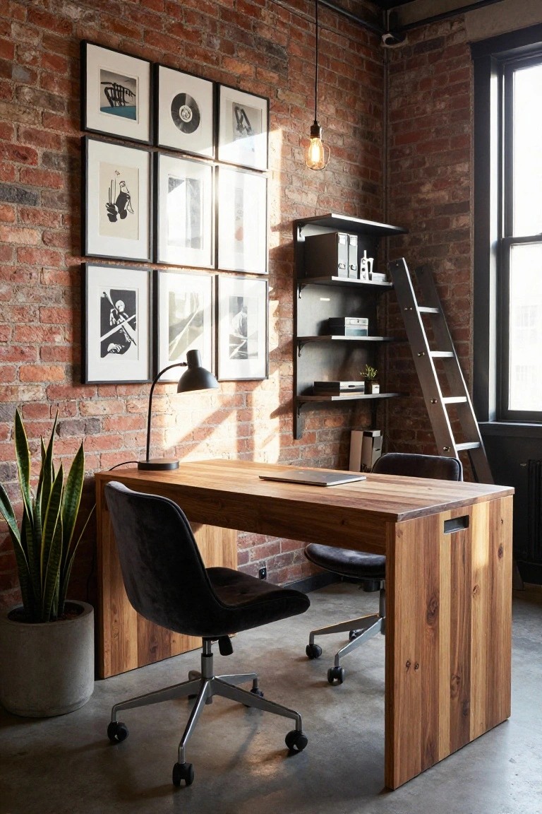 Home office interior with exposed red brick walls, wooden desk, two office chairs, snake plant in gray pot, black desk lamp, gallery wall of framed artwork, and metal ladder shelving with books and files.