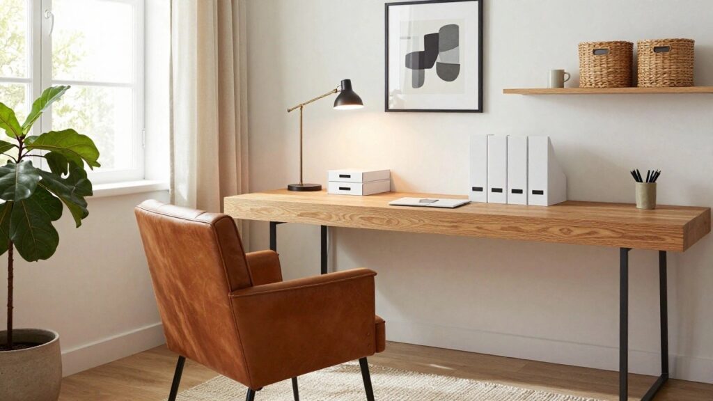 20 Office Decor Ideas That Instantly Elevate Your Workspace Corner home office with light wood desk on black metal legs, tan leather swivel chair, potted fiddle leaf fig plant, desk lamp, floating wood shelves with baskets and books, and a large window with blinds.
