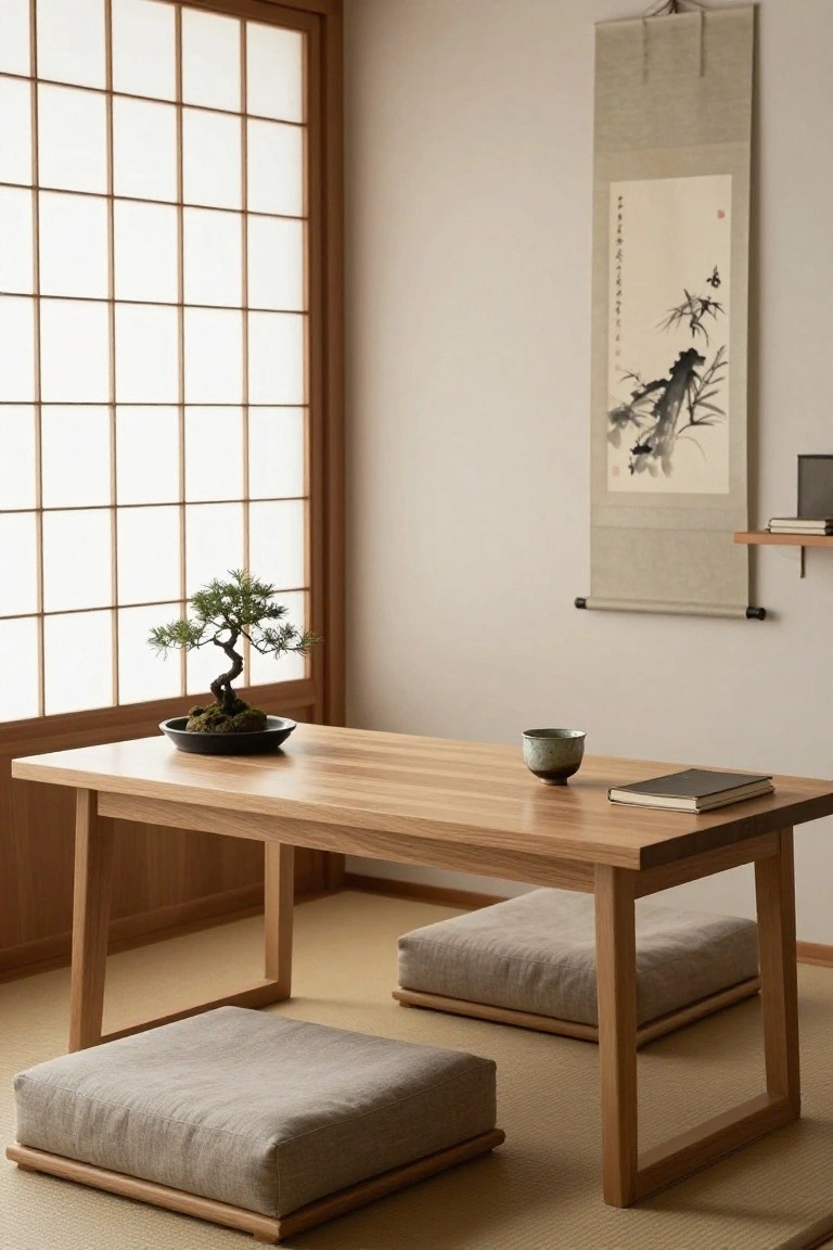 A minimalist indoor room featuring a low wooden table with a bonsai tree, teacup, and book on top, floor cushions, shoji screen window, hanging ink scroll, and tatami mat floor.