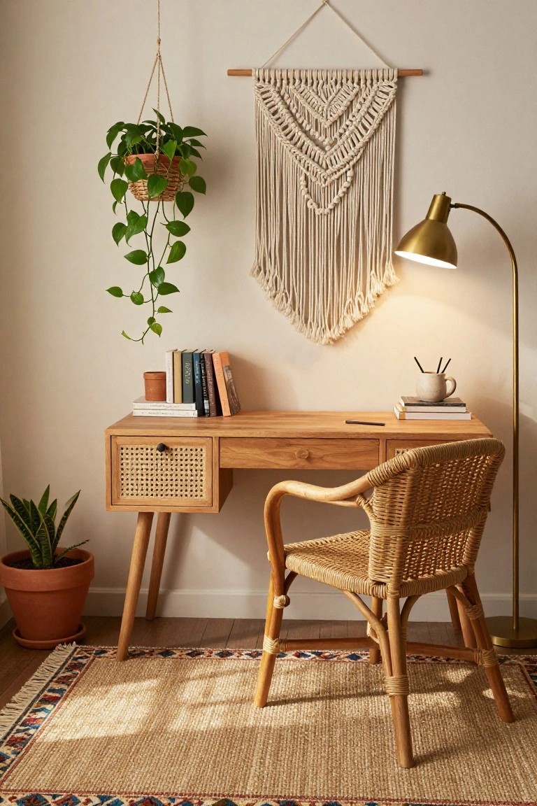 A home office featuring a light wood desk with cane drawer fronts and rattan armchair, hanging potted plant, macrame wall hanging, books, mug, gold arc lamp, snake plant, and patterned rug.