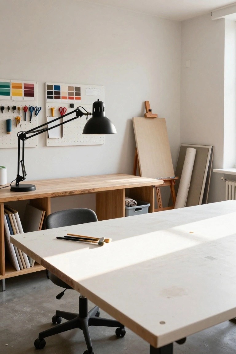 Bright home office corner with oak desk and shelving, large white worktable, black adjustable lamp, pegboard wall holding tools and scissors, color sample boards, and wooden easel.