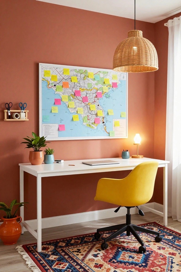 Home office with terracotta walls featuring a large framed map covered in multicolored sticky notes, white desk, yellow chair, plants in orange and teal pots, rattan pendant light, and desk lamp.