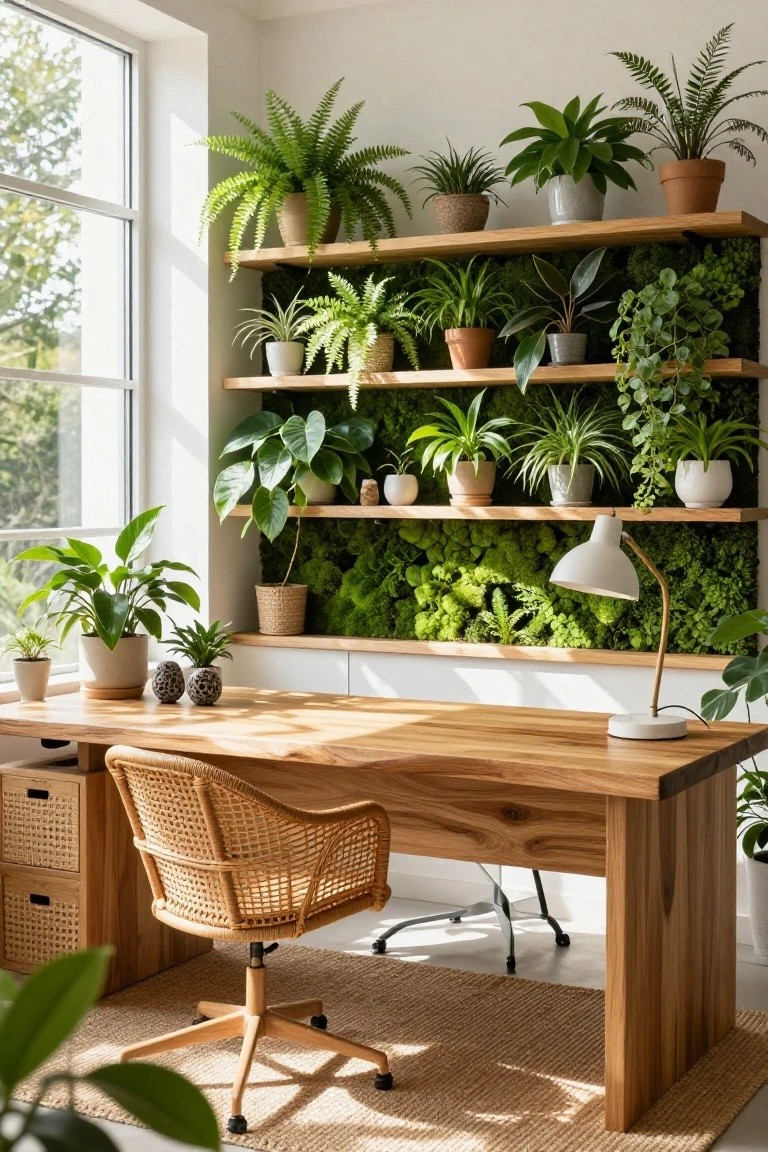 Home office with light wooden desk and rattan chair, wooden floating shelves filled with potted plants above a living moss green wall, large window with sunlight, and scattered plants on desk and floor.