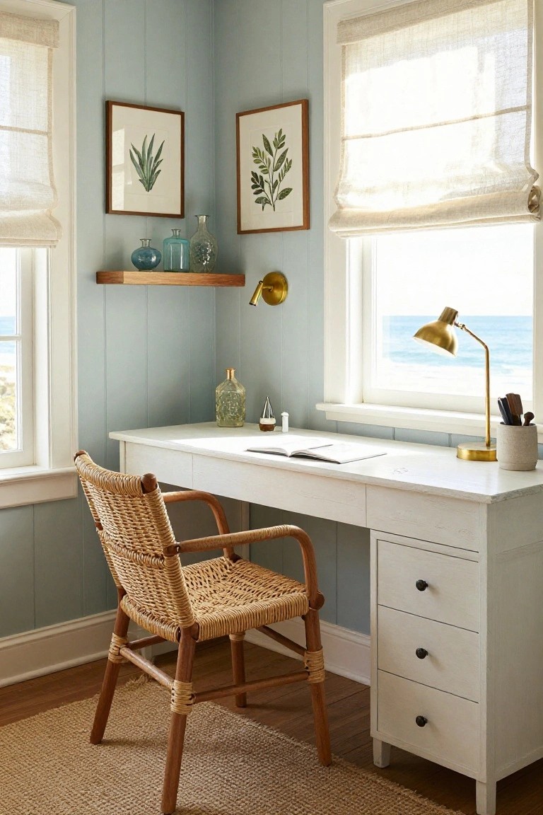 Coastal home office with white desk, woven chair, and ocean view.