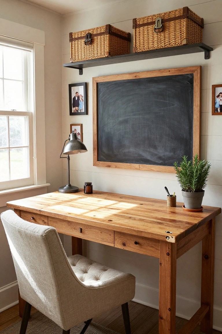 Home office with light wooden desk, beige tufted armchair, large framed blackboard on wall, metal desk lamp, potted rosemary plant, wicker baskets on shelves, and family photos in frames near a window.