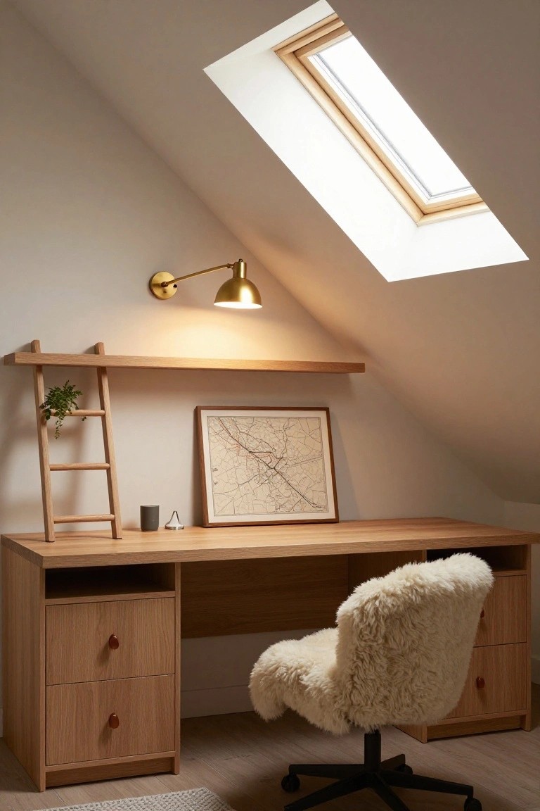 Attic home office featuring a large wooden desk with drawers, fluffy white sheepskin-upholstered swivel chair, wooden ladder shelf with potted plant, framed map on wall, wall-mounted lamp, and skylight in sloped ceiling.