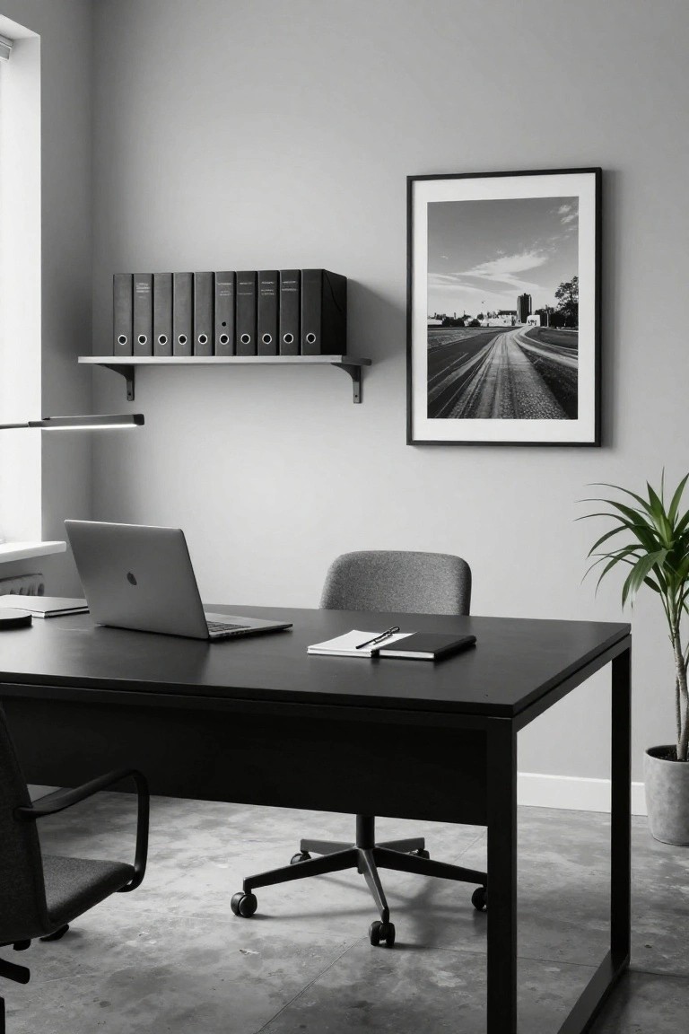 Minimalist office with black metal-framed desk, open MacBook laptop, notebook and glasses on desk surface, gray fabric chair, black binders on wall shelves, potted plant in corner, and large black-and-white photo of a road on light gray wall.