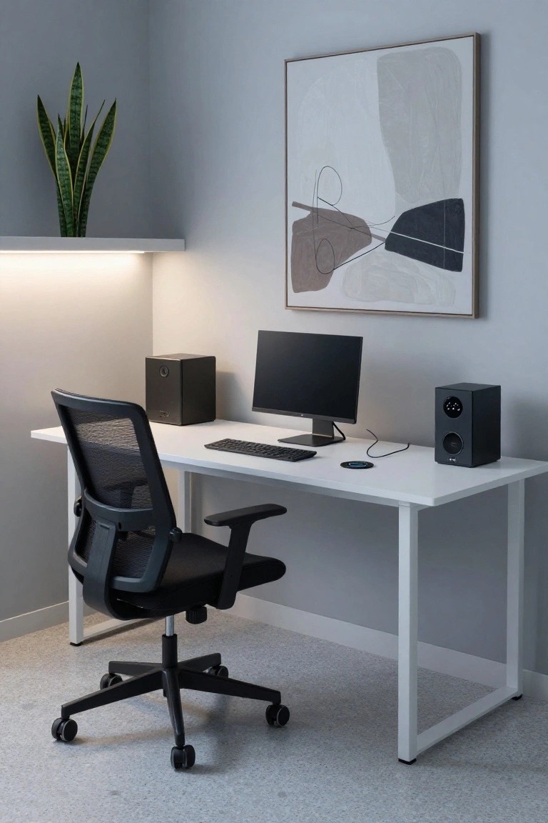 Corner home office with white slim desk holding keyboard, black monitor, wireless charger, and two black speakers, black mesh office chair, snake plant on wall shelf with LED strip lighting, abstract beige and black wall art, light gray walls and speckled floor.