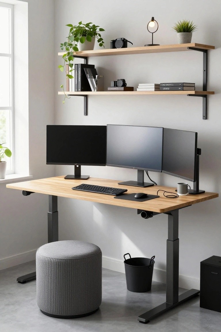 Home office with height-adjustable desk topped in light oak holding triple monitors, keyboard, mouse, and mug, floating wooden shelves above displaying plants, books, and camera, gray fabric pouf stool, black bucket, and potted plants near window.