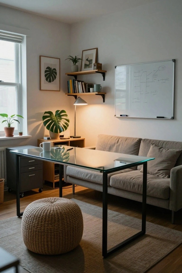 Home office corner with glass-top desk on black metal frame, large potted monstera plant beside an arc lamp, beige sofa, woven pouf, whiteboard with diagrams, shelves with books, and several smaller plants.