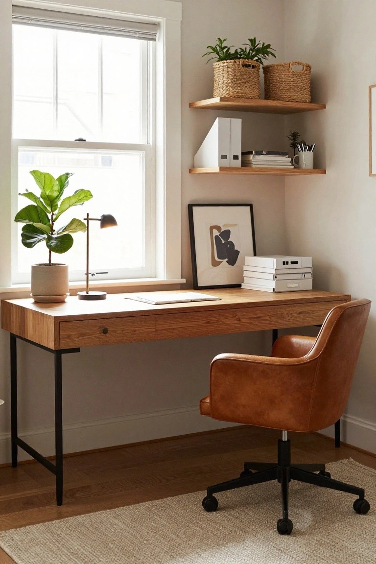 Corner home office with light wood desk on black metal legs, tan leather swivel chair, potted fiddle leaf fig plant, desk lamp, floating wood shelves with baskets and books, and a large window with blinds.