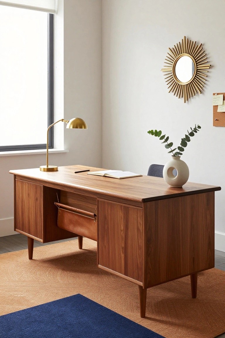 White office room with low wooden credenza desk topped by open notebook, gold arched lamp, and white vase of eucalyptus; blue chair nearby, gold sunburst mirror on wall.