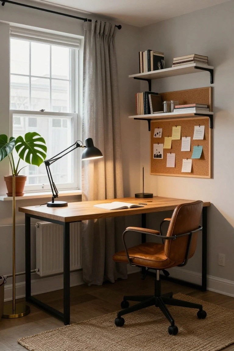 Home office with oak desk on black metal legs, brown leather swivel chair, black adjustable arm desk lamp lit up, monstera plant in terracotta pot, floating white shelves with books, corkboard with notes, and large window with sheer gray curtains.