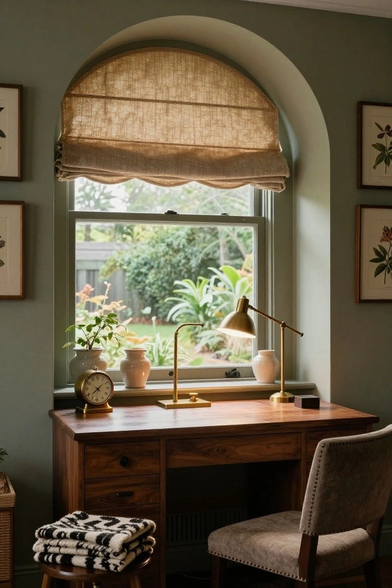 Wooden desk in a sage green room with brass adjustable arm lamp, clock, ceramic plant pots, and arched window showing garden view.