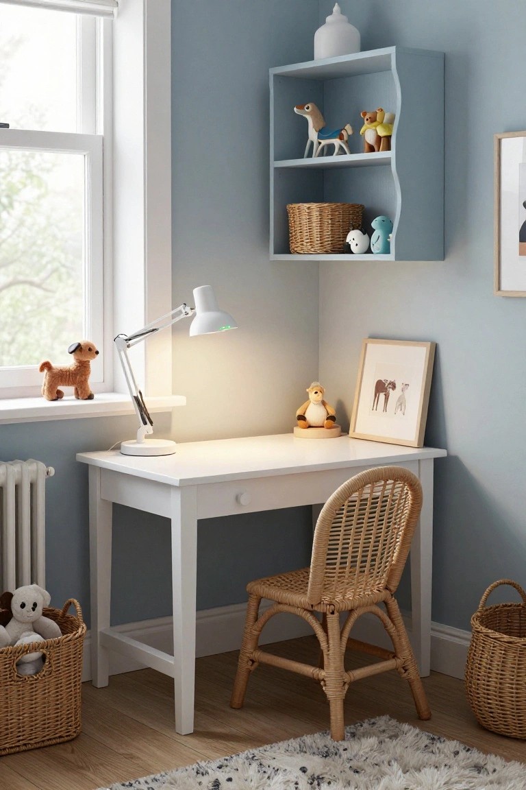 Light blue corner of a child's room with white wooden desk, rattan chair, adjustable white desk lamp illuminating the desk top, open shelves holding wooden toys and baskets, stuffed animals nearby, and a window with sheer blind.