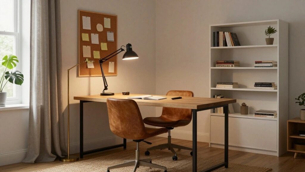 20 Office Lighting Ideas That Brighten Your Day Home office with oak desk on black metal legs, brown leather swivel chair, black adjustable arm desk lamp lit up, monstera plant in terracotta pot, floating white shelves with books, corkboard with notes, and large window with sheer gray curtains.