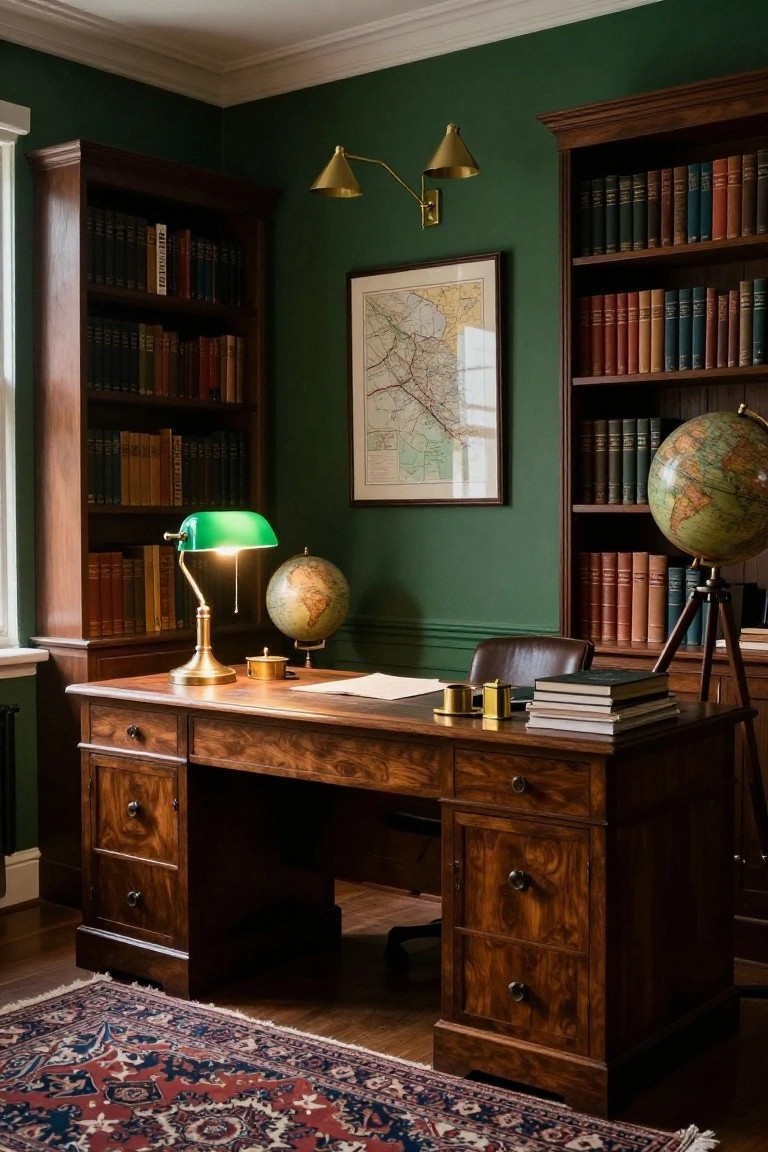 Wood-paneled office room with dark green walls, tall bookshelves filled with leather-bound books, antique wooden desk topped with green-shaded banker's lamp, brass globe, stacked books, and leather armchair.