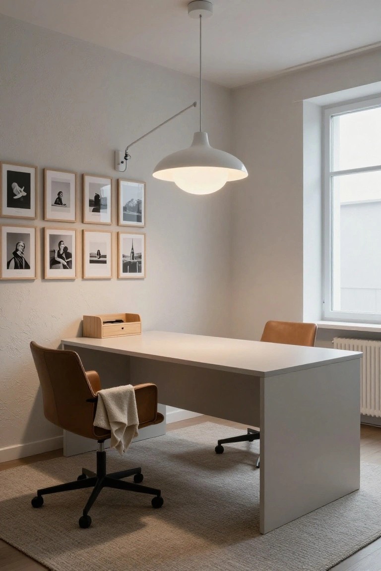 Modern minimalist office with white desk, brown leather chair, and framed photos.
