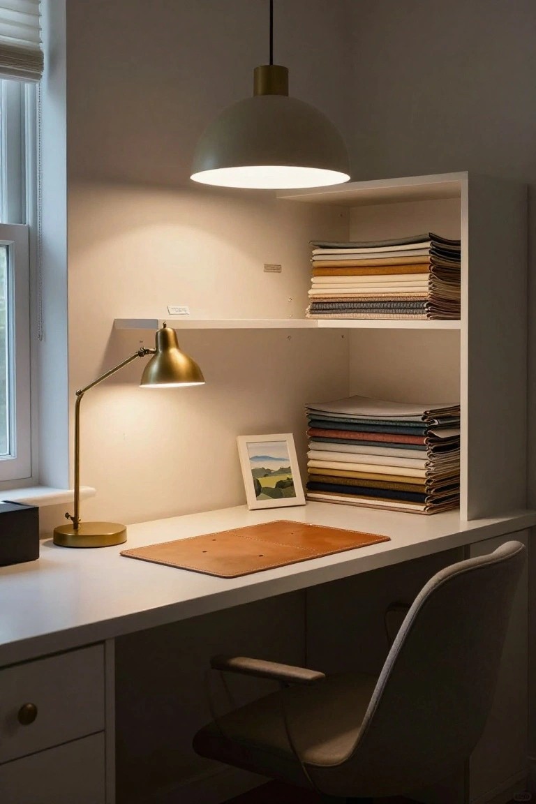 Home office corner with white desk topped by tan leather mat, gold adjustable desk lamp, small landscape photo frame, black speaker box, open wall shelves holding stacks of folded fabric samples in various colors, large cream pendant lamp overhead, adjustable chair, and warm lighting from lamps and window.