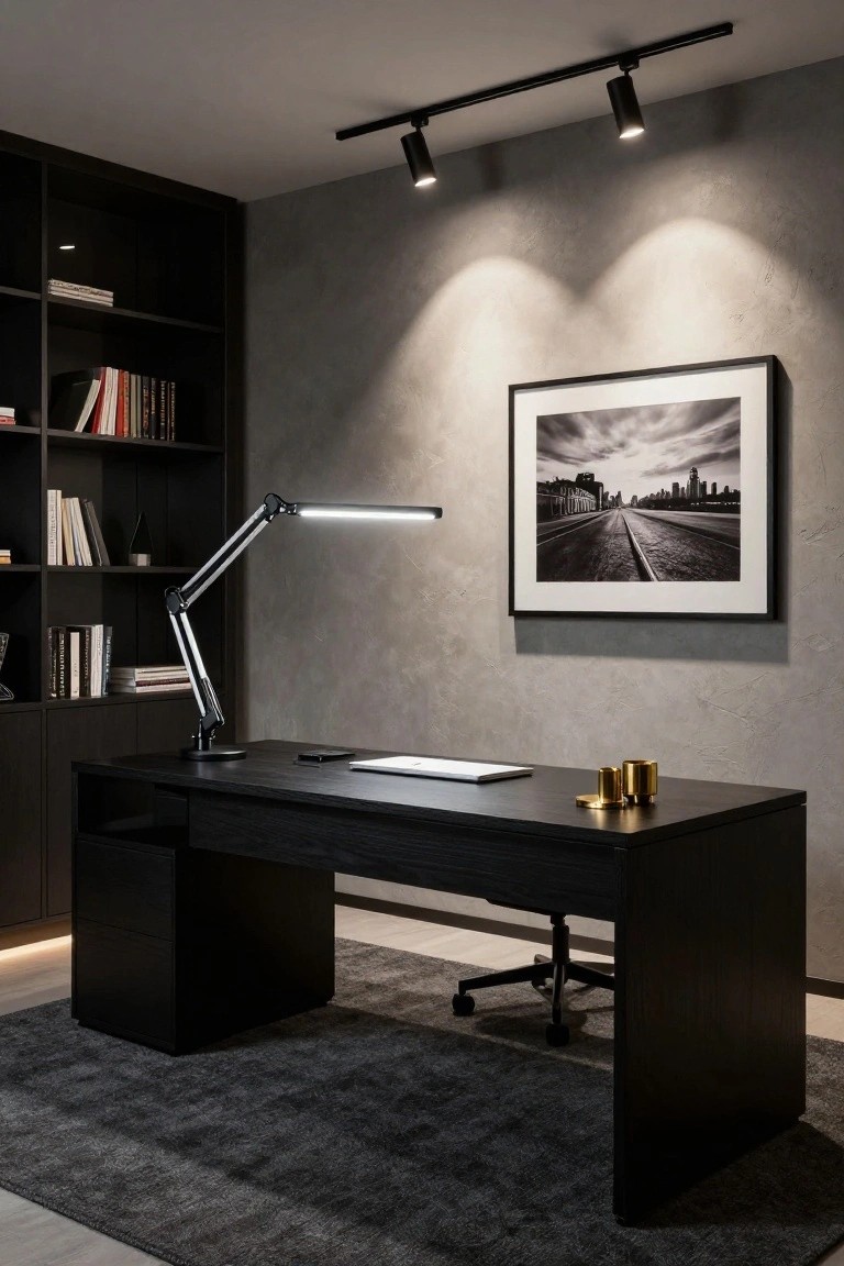 Modern home office featuring a black desk with gooseneck LED lamp, black bookshelves, ceiling track spotlights, and a large black-and-white cityscape photo on a textured gray wall.