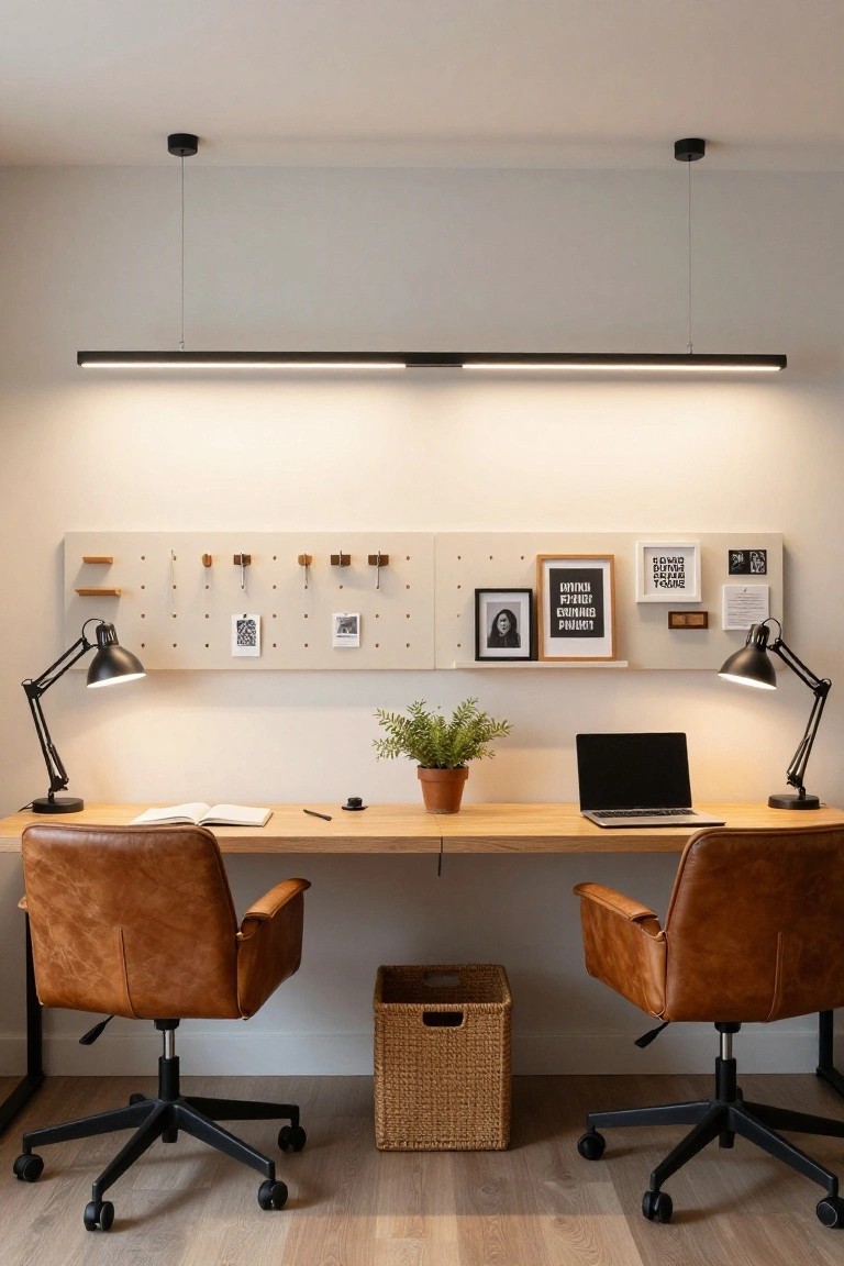 Modern home office with long wooden desk, two tan leather swivel chairs, black adjustable desk lamps on each side, slim black linear LED pendant light overhead, pegboard wall with frames and clips, potted plant, and woven basket under desk.