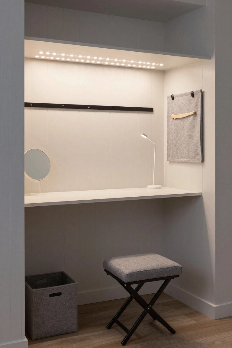 Built-in white shelved nook containing a white desk with round mirror, white gooseneck lamp, black shelf rail, gray fabric pouch, gray stool, and gray fabric bin, illuminated by overhead LED strip lights.