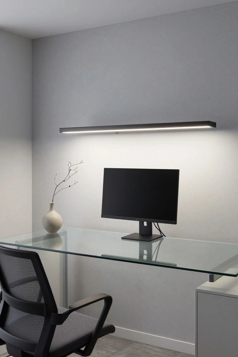 Home office corner with glass desk holding black monitor, mesh chair, white vase of branches, and slim black horizontal LED light mounted on light gray wall above desk.