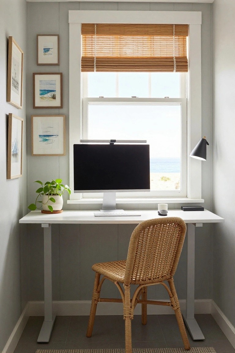 Small corner home office with white standing desk, black computer monitor with silver light bar on top, rattan chair, potted plant, framed artwork on light gray walls, bamboo window blinds, ocean view through double-hung window, and black conical wall lamp.