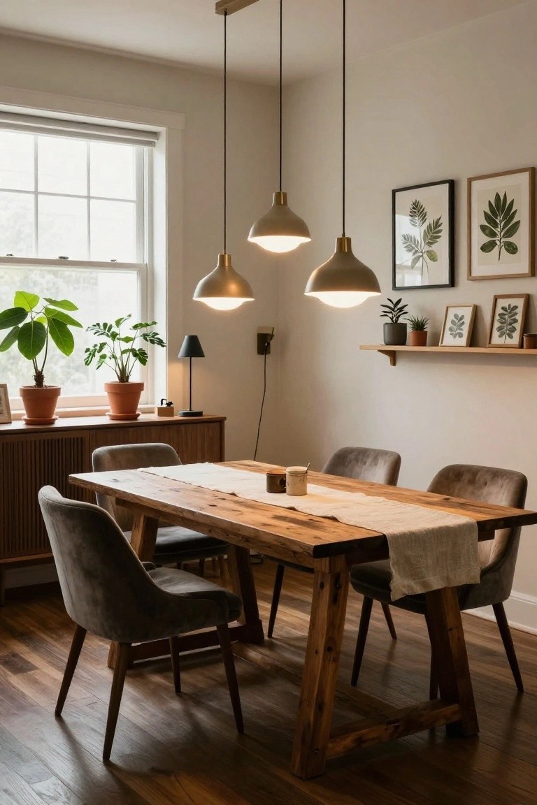 A cozy interior room with a long rustic wooden dining table, gray velvet chairs, three hanging matte cone pendant lights with brass trim, potted plants by a window, wooden credenza, shelves with plant prints, and a desk lamp.