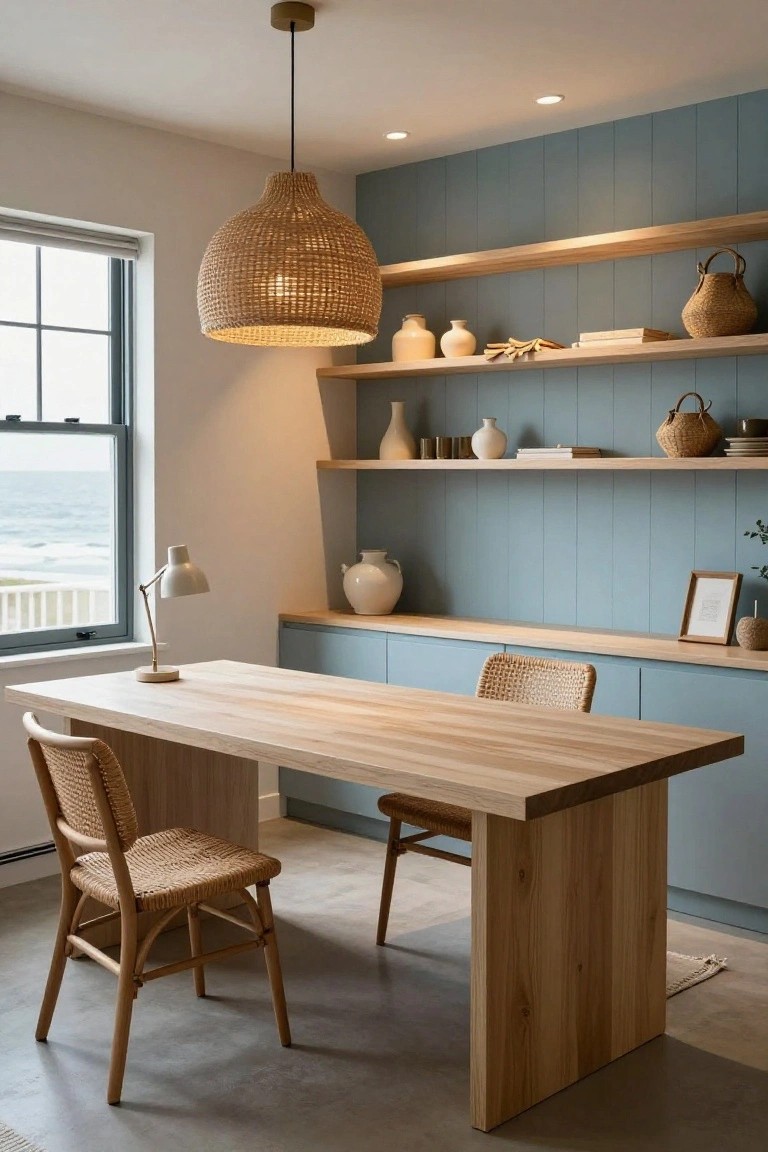 Home office with oak desk and rattan chairs, blue cabinets and wall paneling, oak floating shelves with white ceramics and baskets, woven rattan pendant light, adjustable desk lamp, and window showing ocean view.