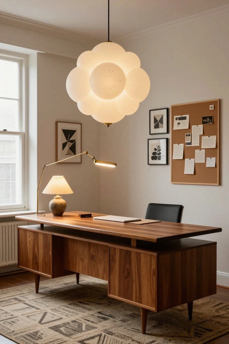 Modern wooden office desk with pendant light, lamp, and corkboard on wall.